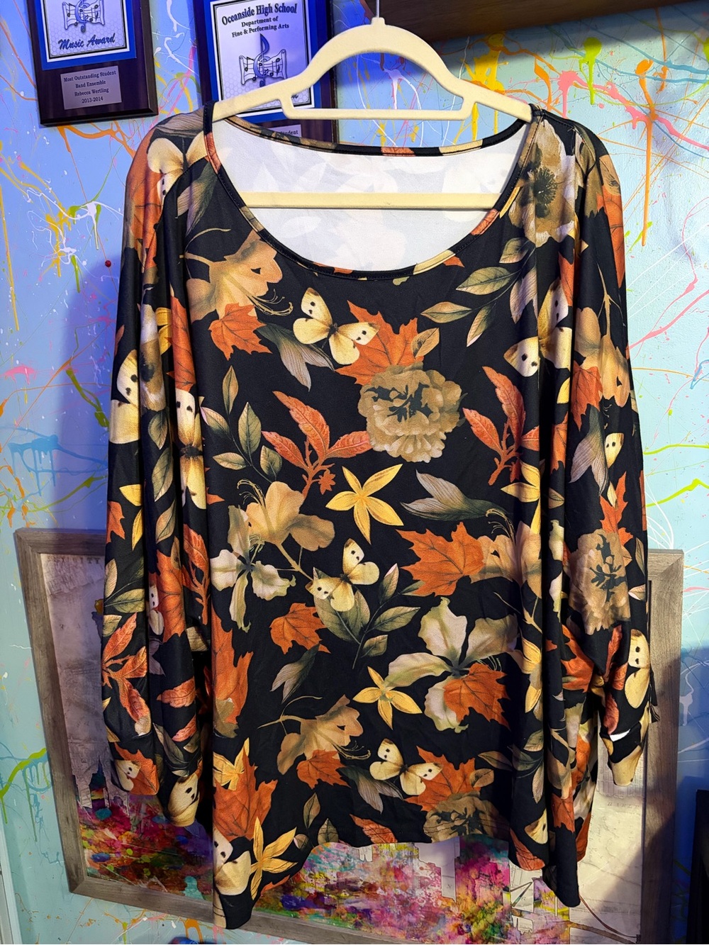 Black Floral Long-Sleeve Scoop Neck Dress with Autumn Leaf Print